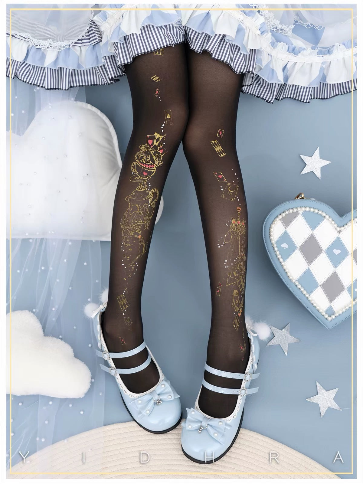 Black sheer Lolita tights with gold playing-card and tea-party print
