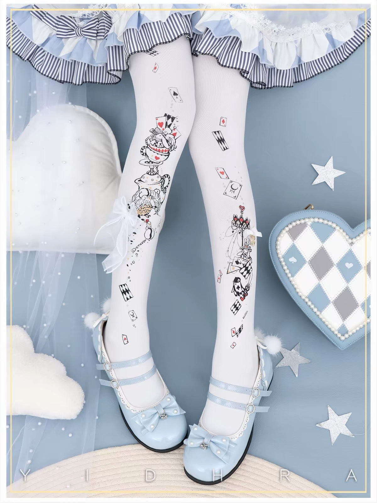 White 120D Lolita tights with black and red playing-card tea-party print