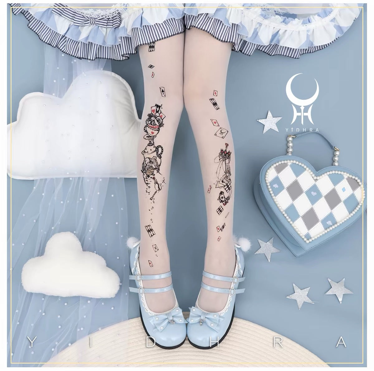 White sheer Lolita tights with black playing-card tea-party print