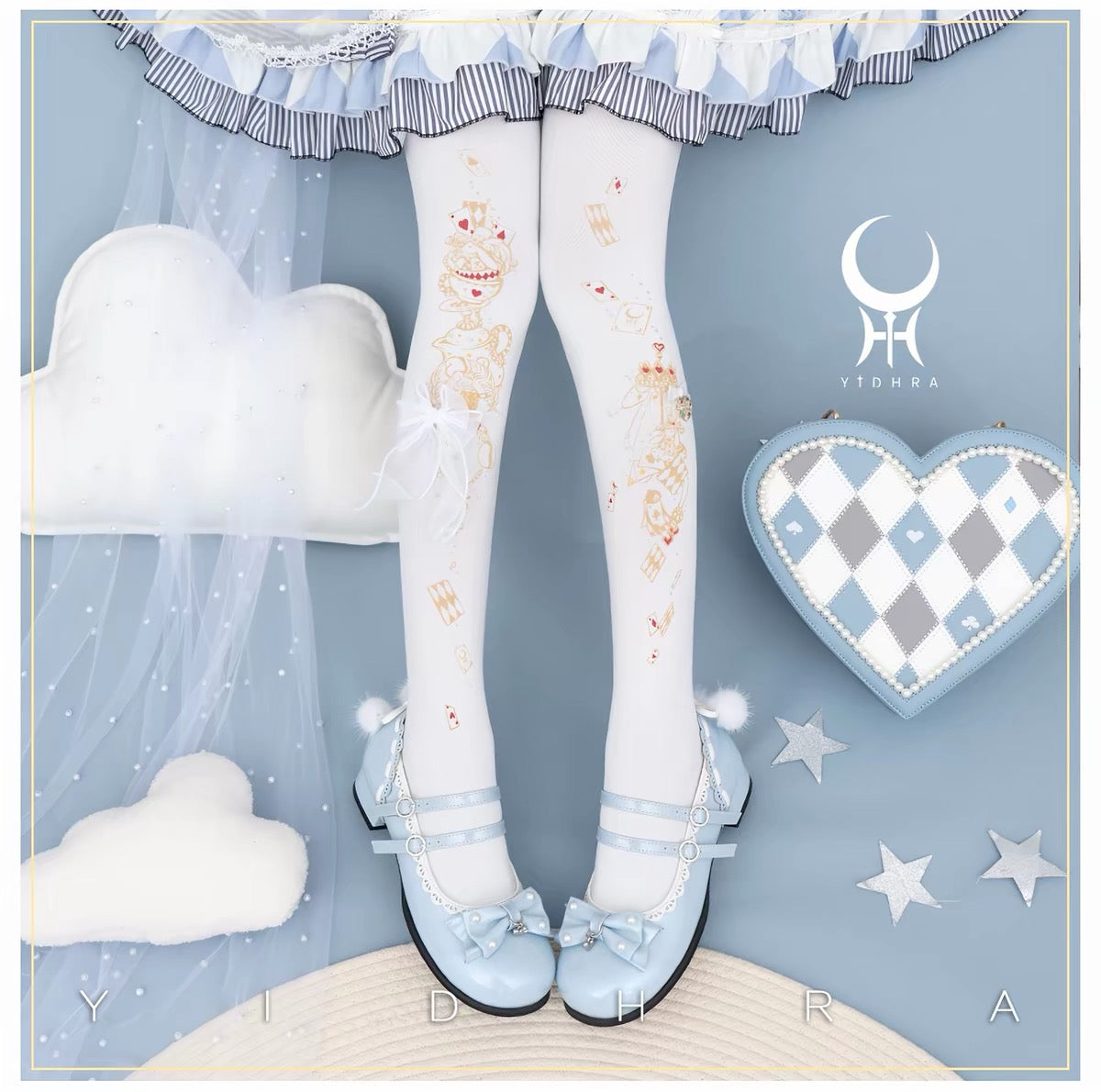 White 120D Lolita tights with gold playing-card and tea-party print