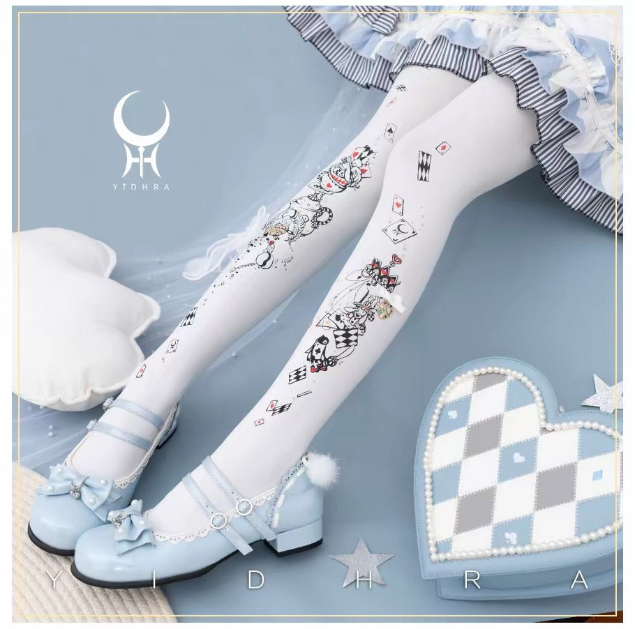 White sheer Lolita tights with gold playing-card and tea-party print