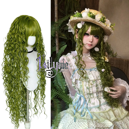 Moss green long curly Lolita wig with bangs