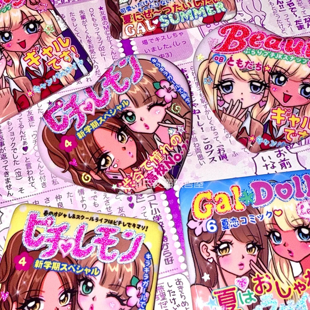 Mystery Gal pins in colorful Heisei gyaru magazine-inspired designs