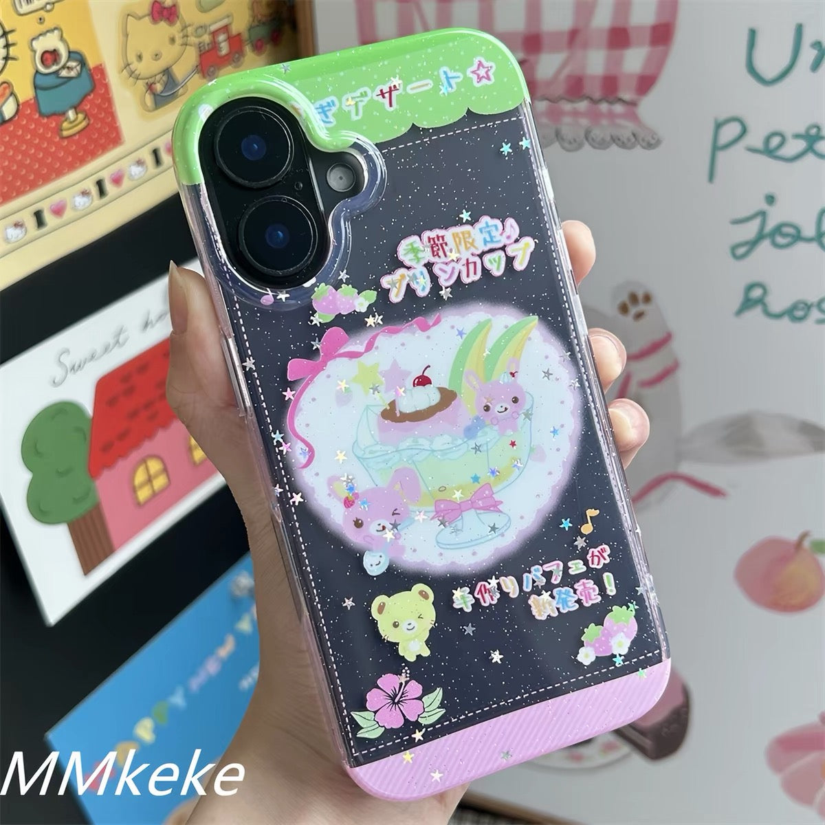 Pastel bunny dessert phone case in alternate lighting