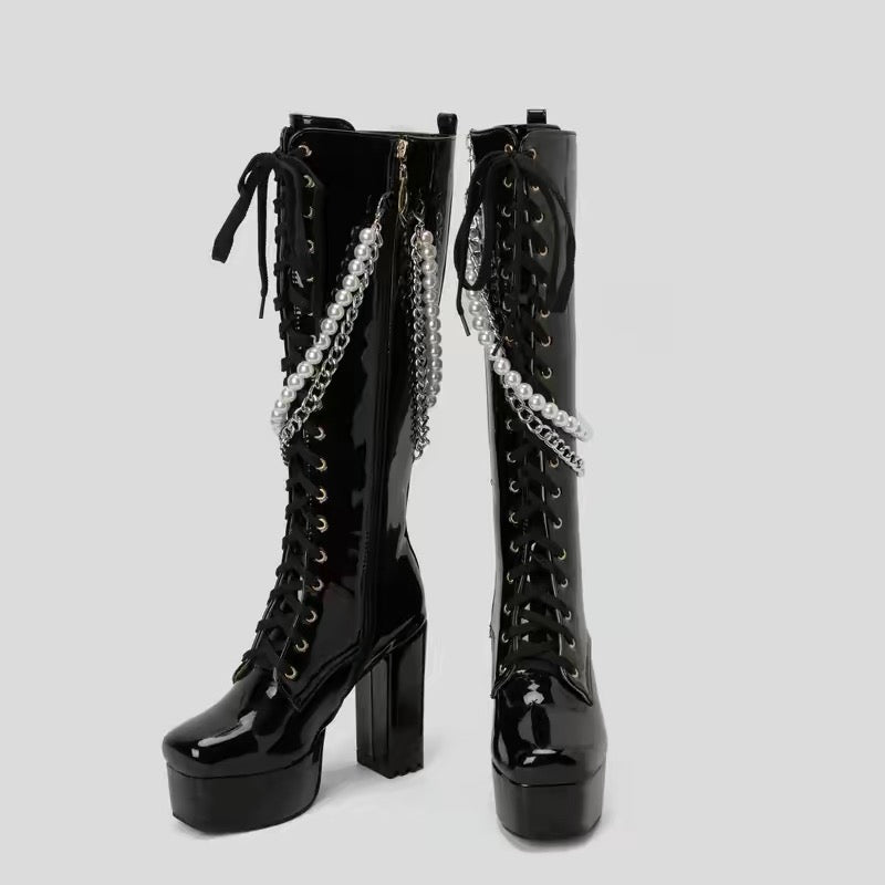 Black knee-high platform boots product view