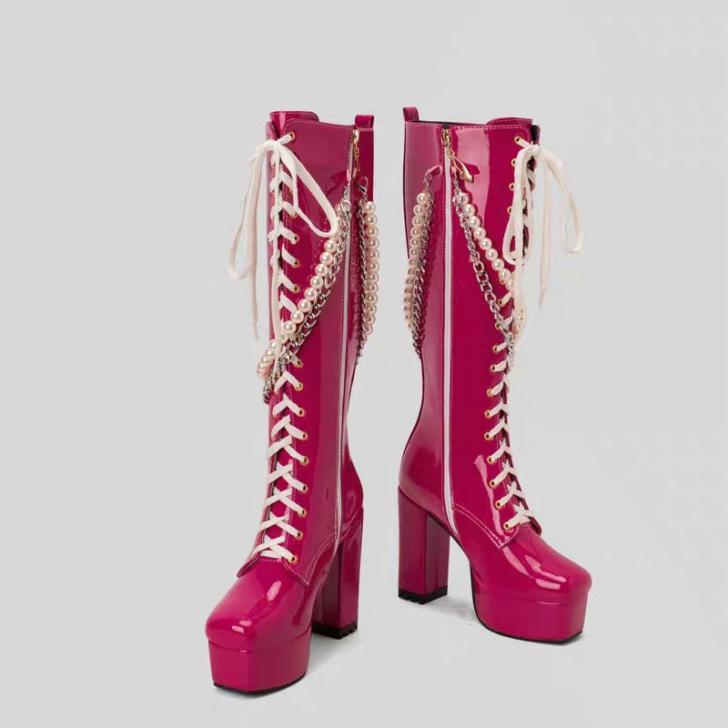 Hot pink knee-high platform boots product view