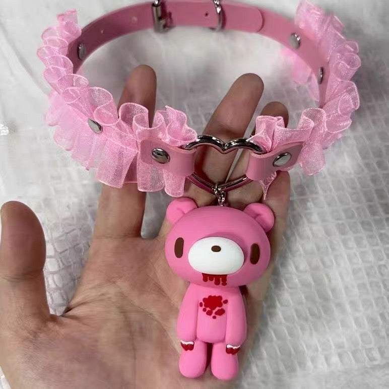 Pink ruffle choker with heart ring and bear charm