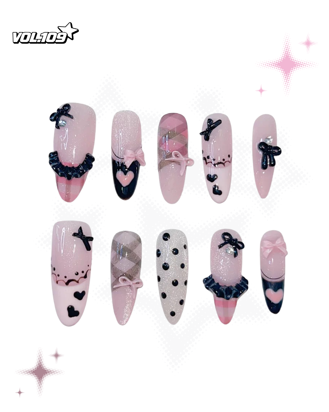 Pink and black bow press-on nails set