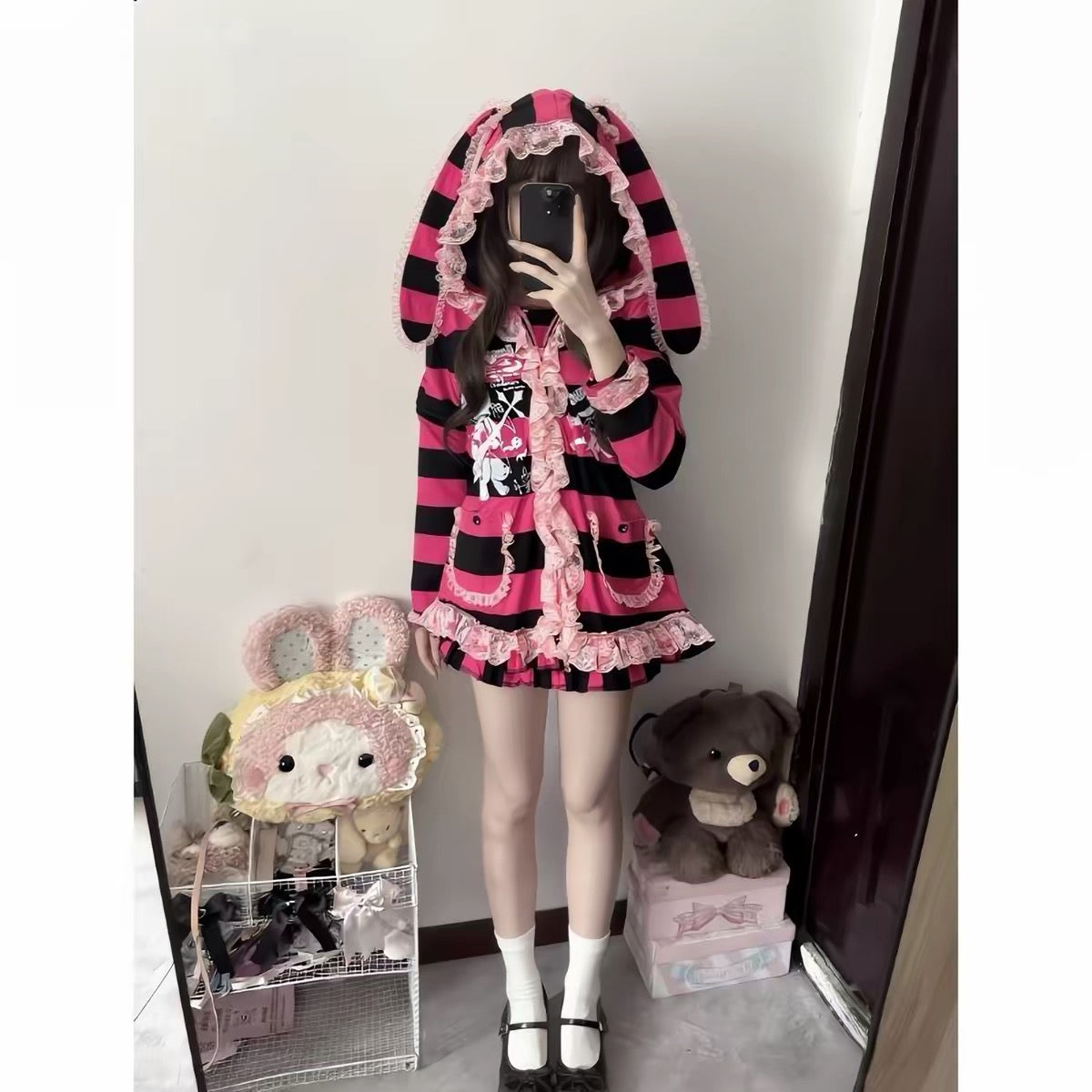 Pink and black bunny hood lace coat