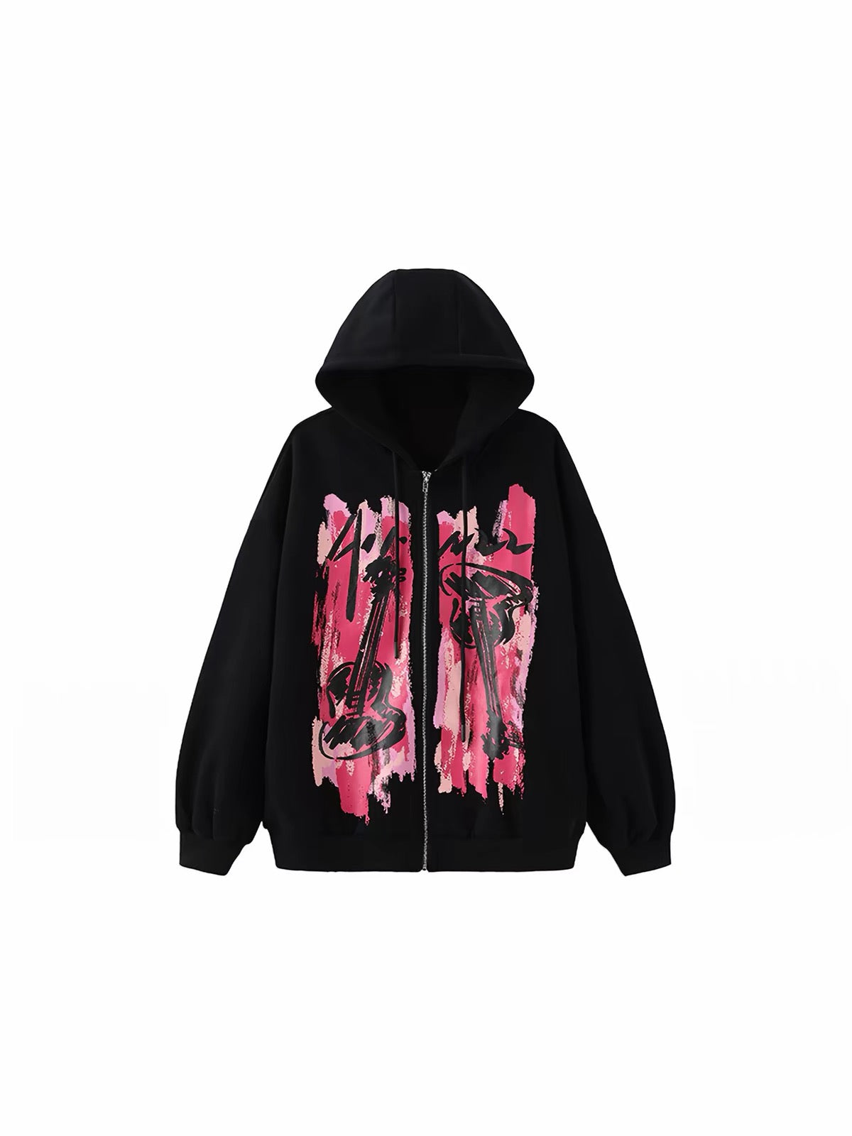 Black zip hoodie with large pink graphic print