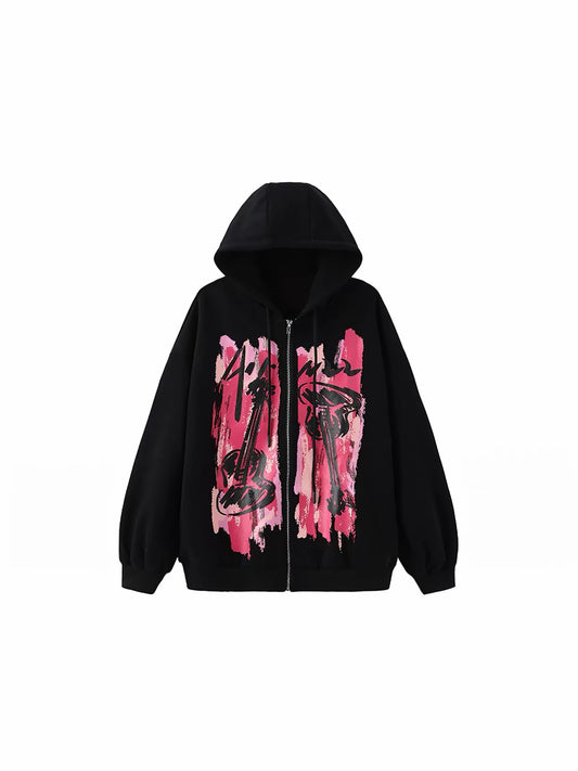 Black zip hoodie with large pink graphic print