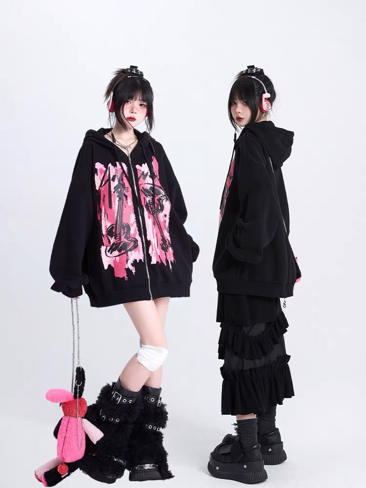 Black pink graphic hoodie front and side styling