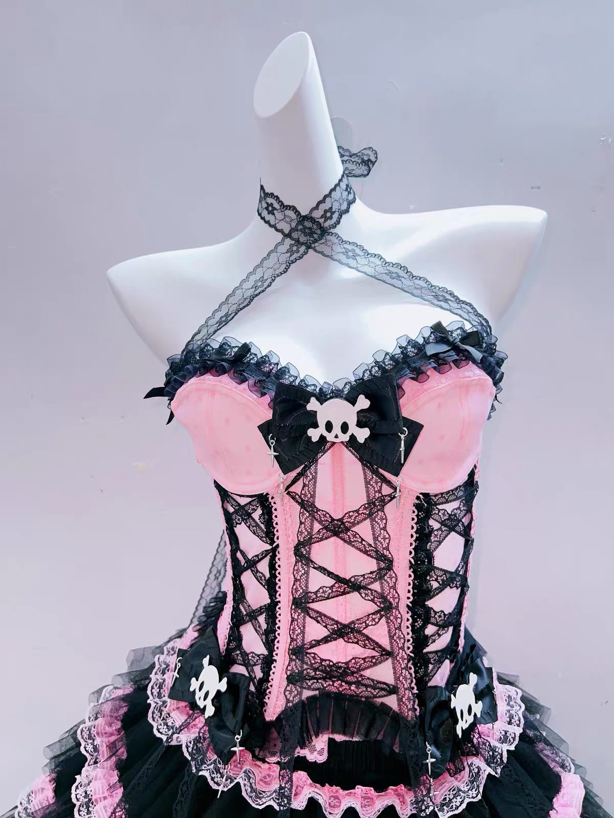 Pink and black lace-up Lolita corset top
