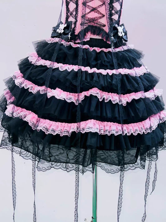 Pink and black layered ruffle Lolita skirt