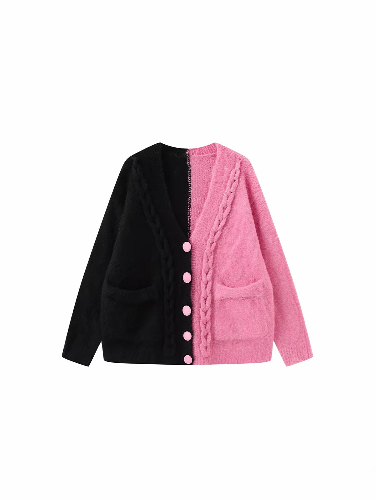 Pink and black split fuzzy cardigan front view