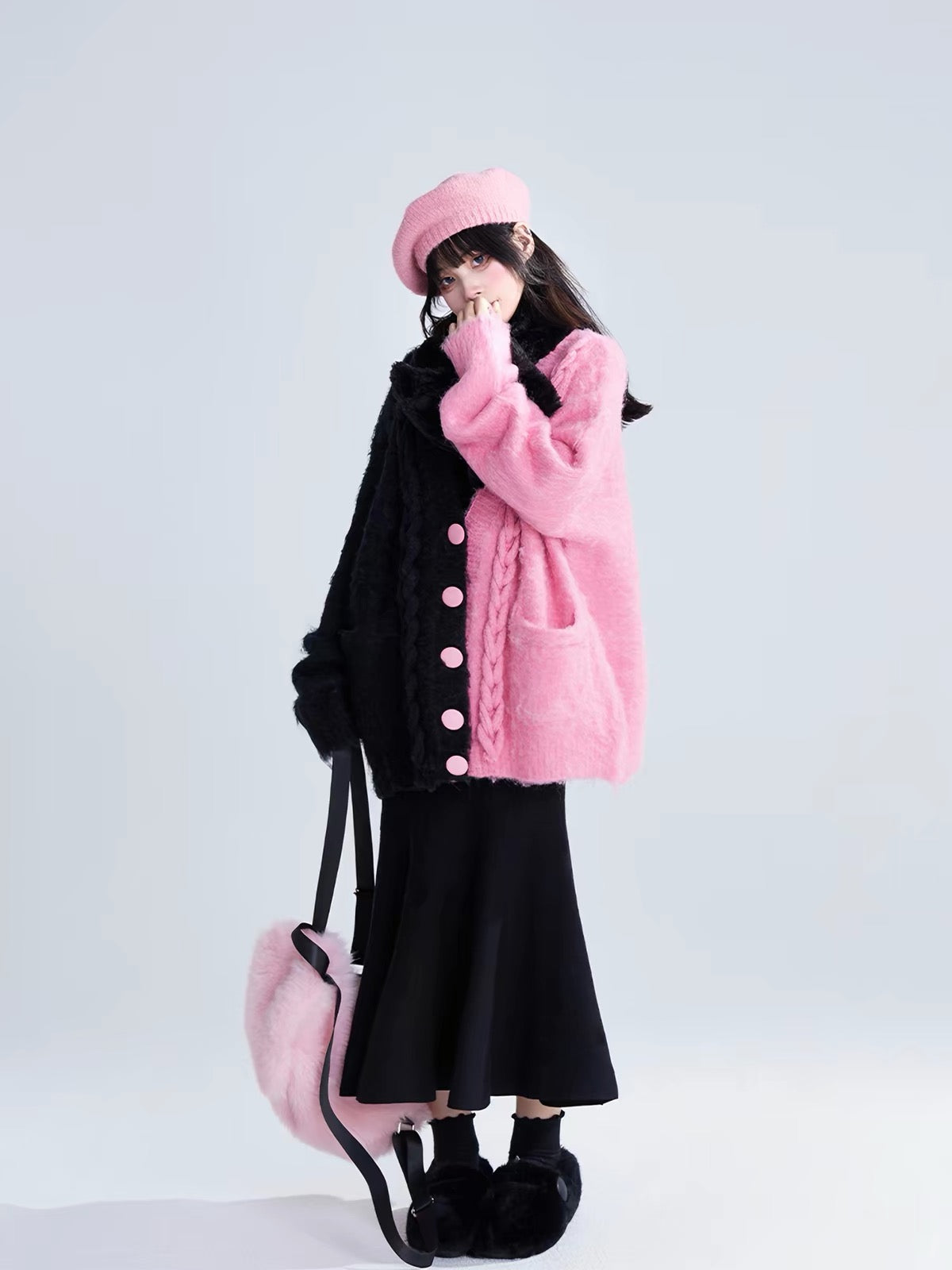 Pink and black split fuzzy cardigan full outfit