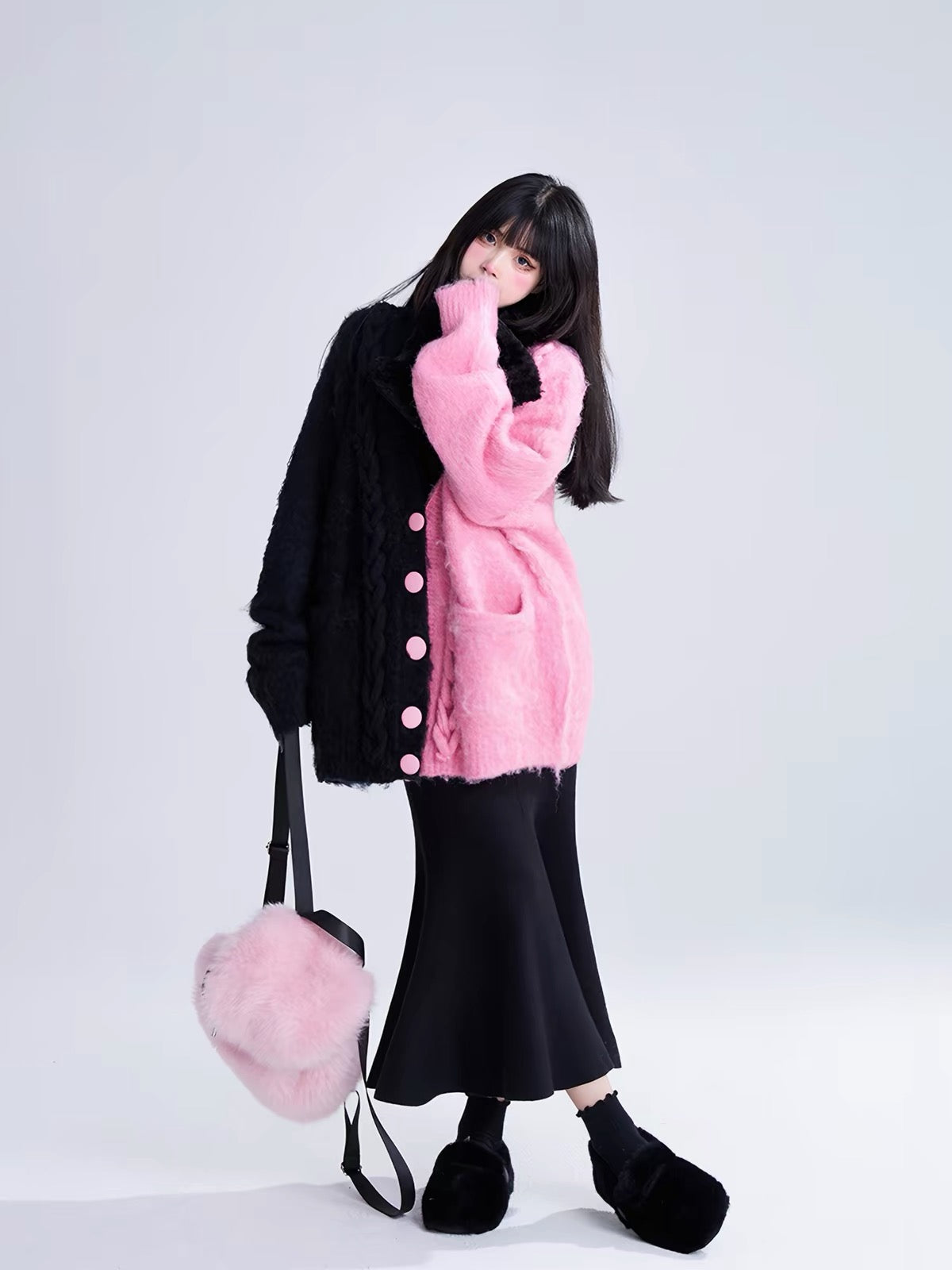 Pink and black split fuzzy cardigan studio styling