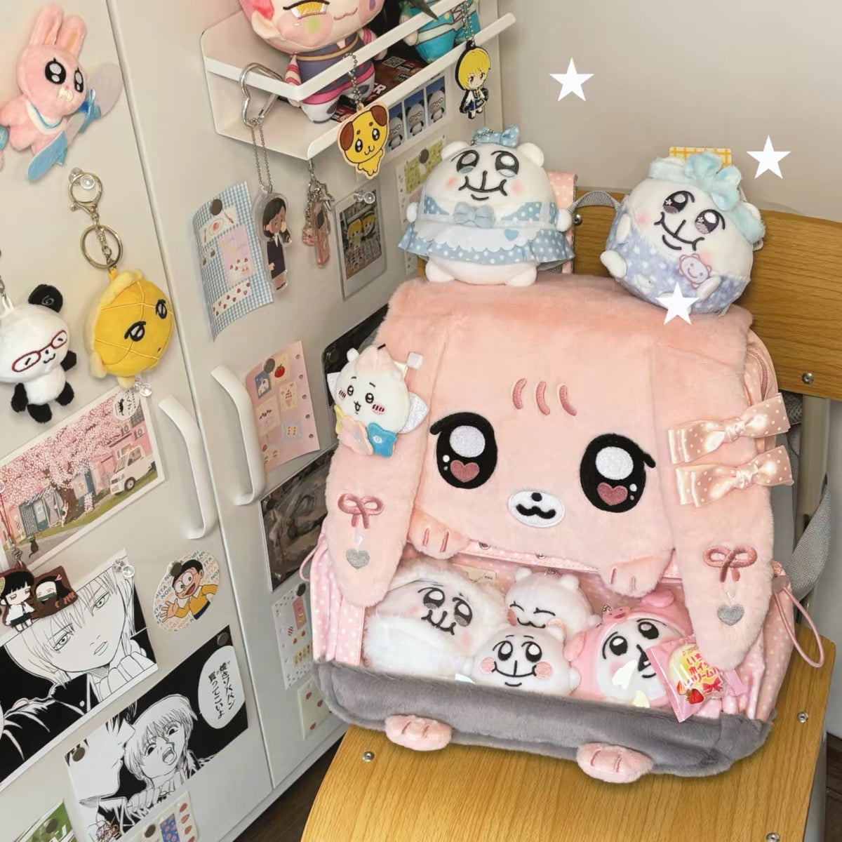 Pink bunny display backpack customized with plush decorations