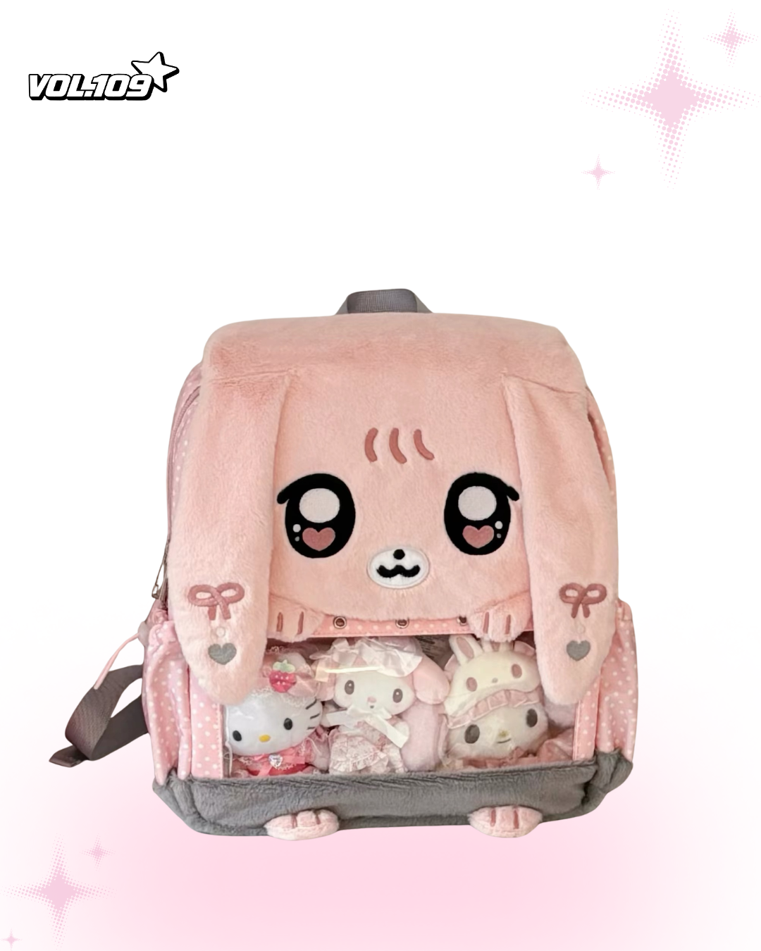 Pink plush bunny display backpack with clear front window