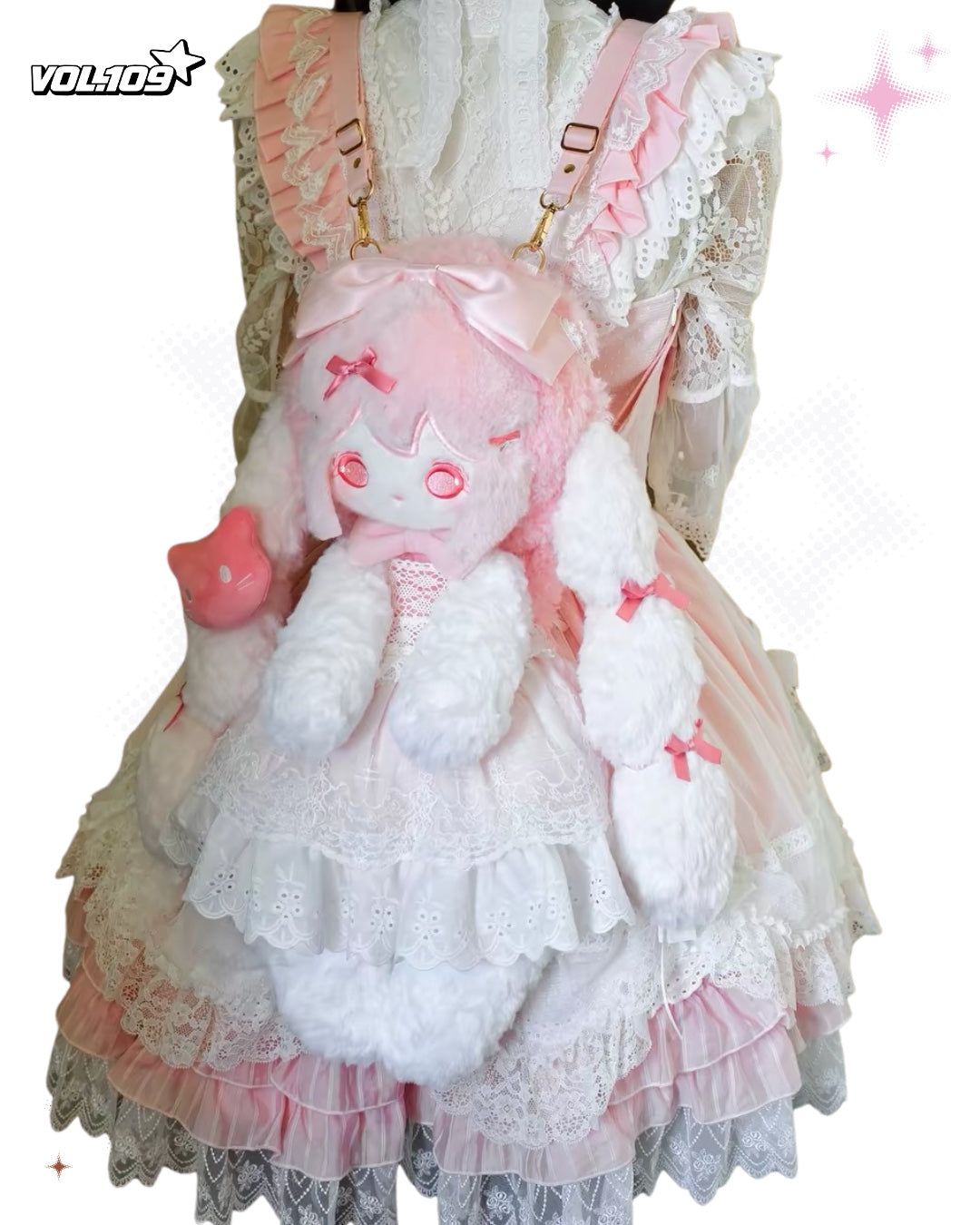 Pink bunny plush backpack with lace and bows