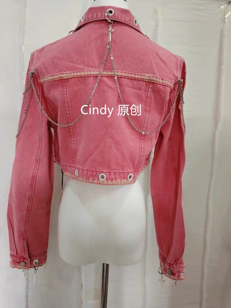 Pink cropped jacket back view with silver chains and eyelet details