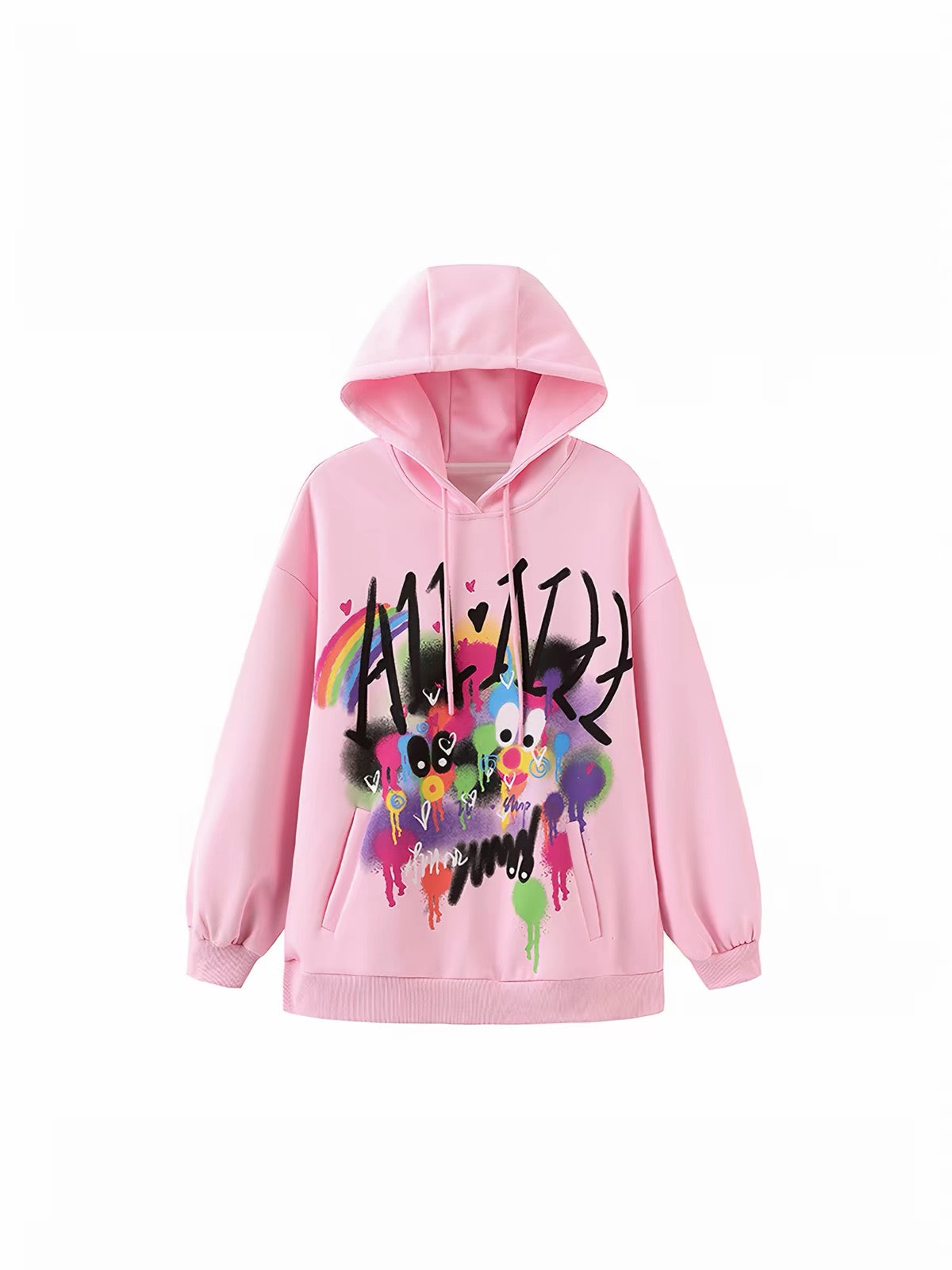 Pink oversized hoodie with colorful graffiti-style graphic