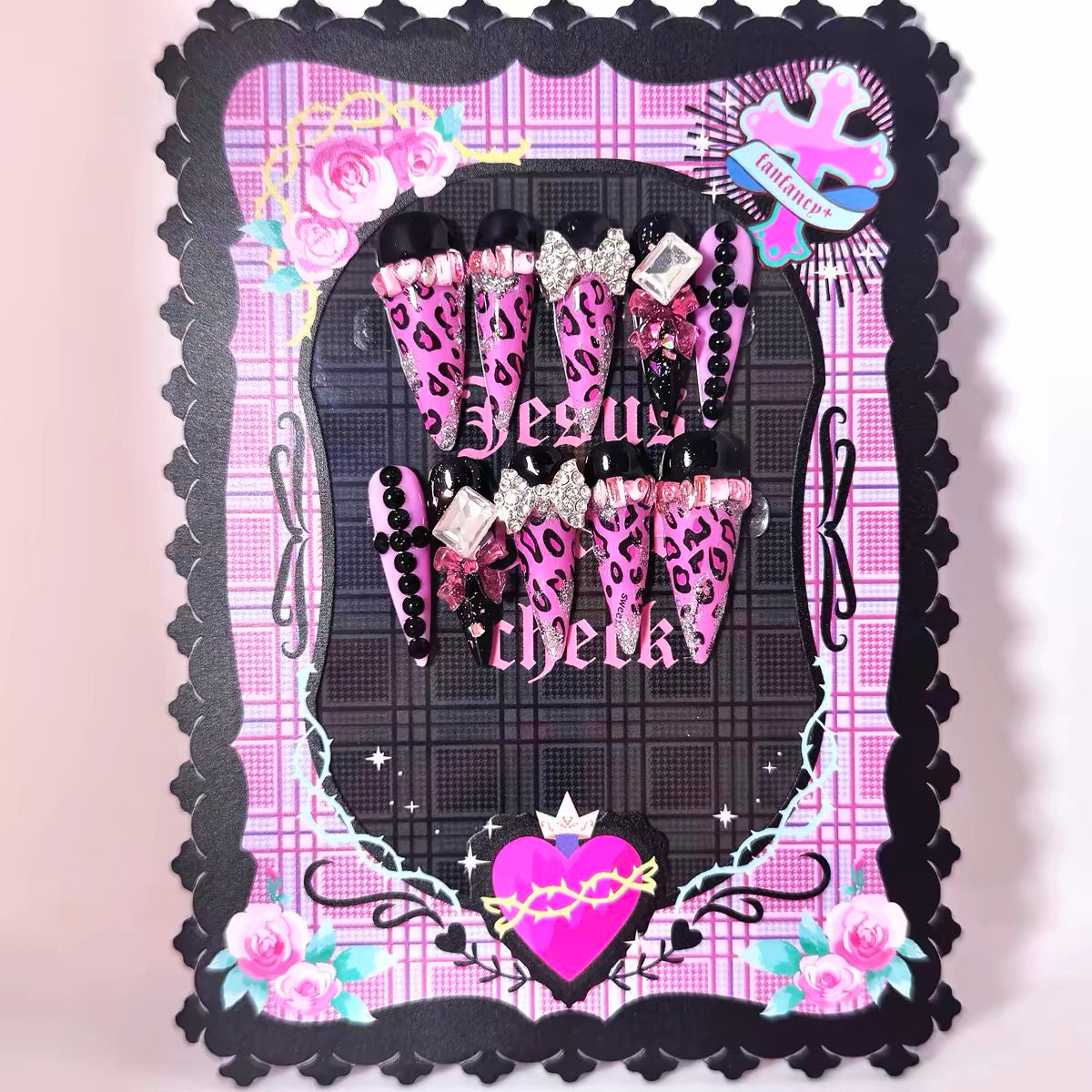 Pink leopard bow rhinestone handmade press-on nails