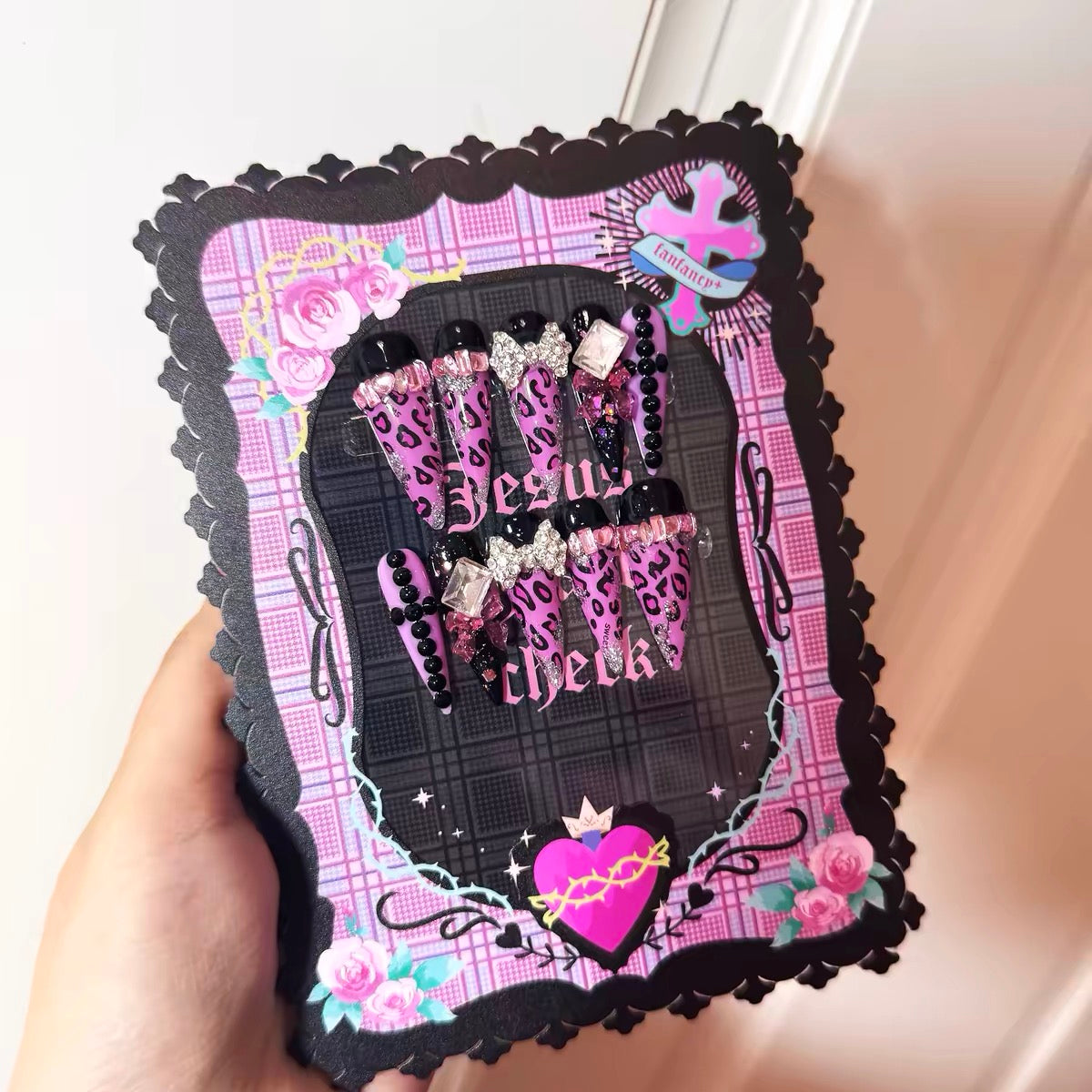 Pink leopard bow rhinestone handmade press-on nails packaging