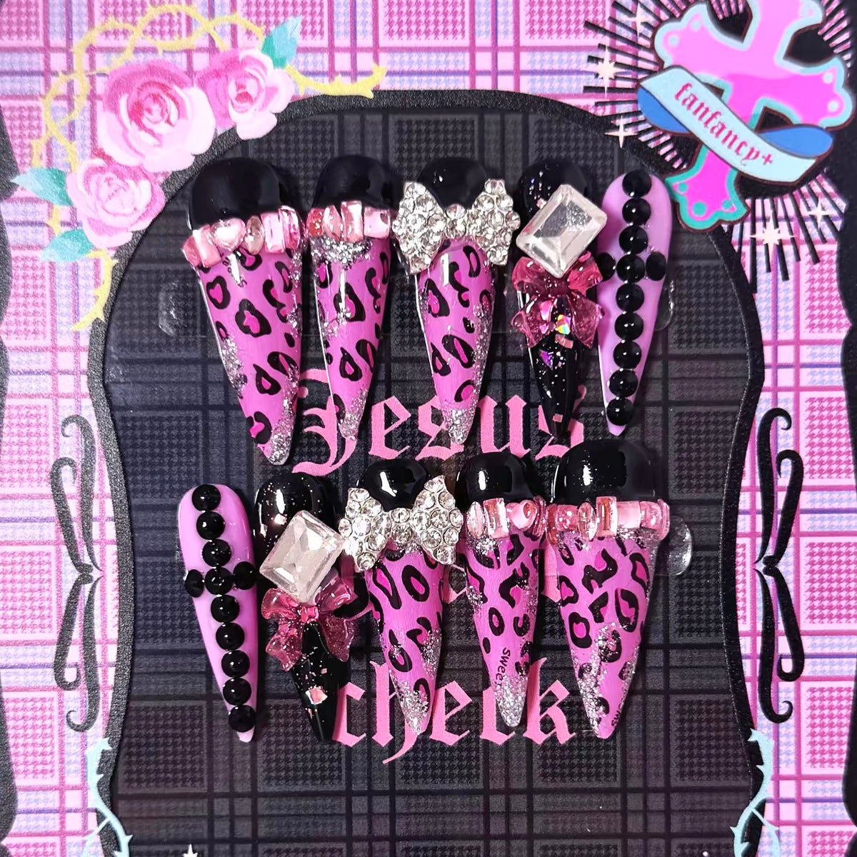 Pink leopard bow rhinestone handmade press-on nails close-up