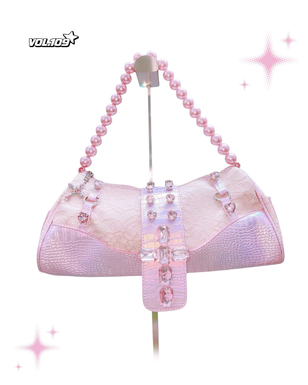 Pink pearl handle lace rhinestone shoulder bag front view