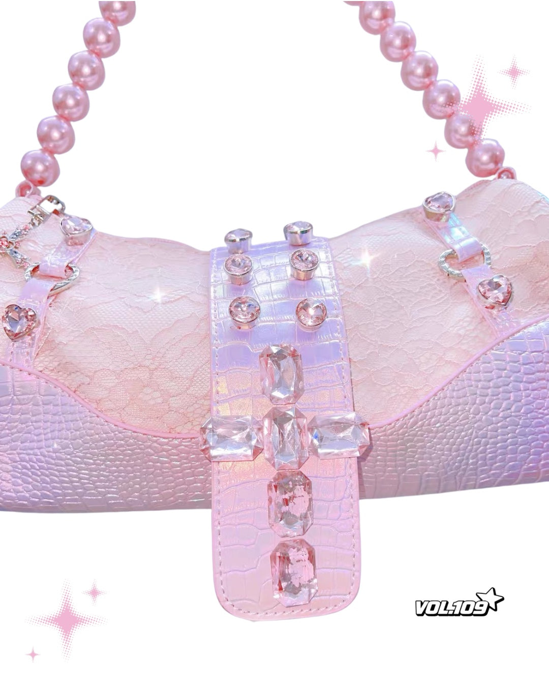 Pink lace rhinestone shoulder bag detail view