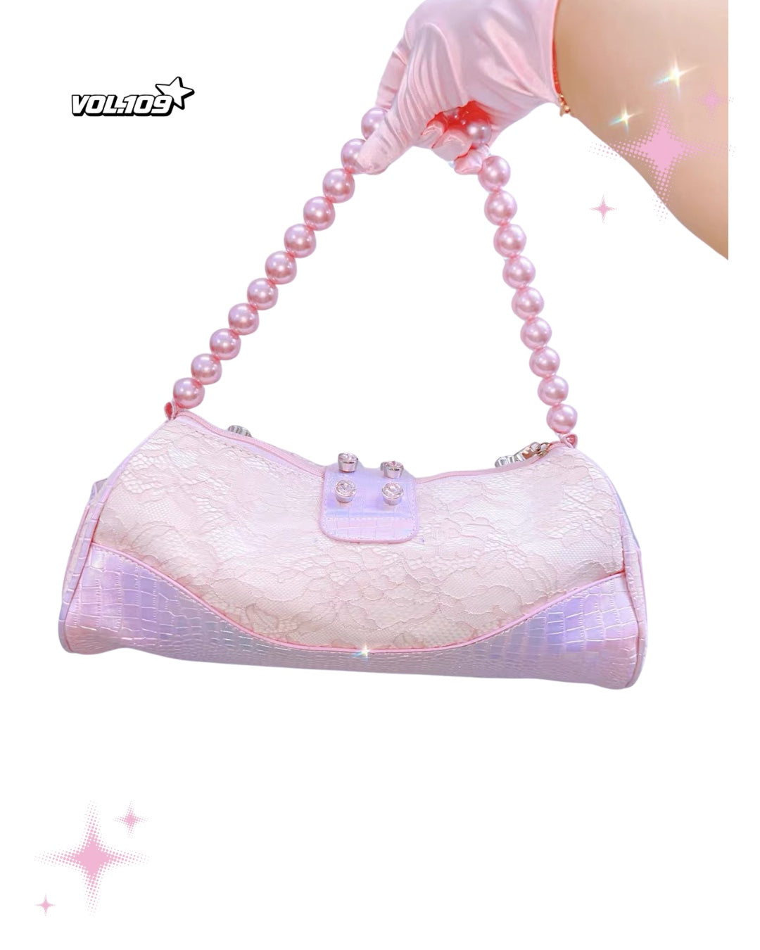 Pink pearl handle lace shoulder bag back view