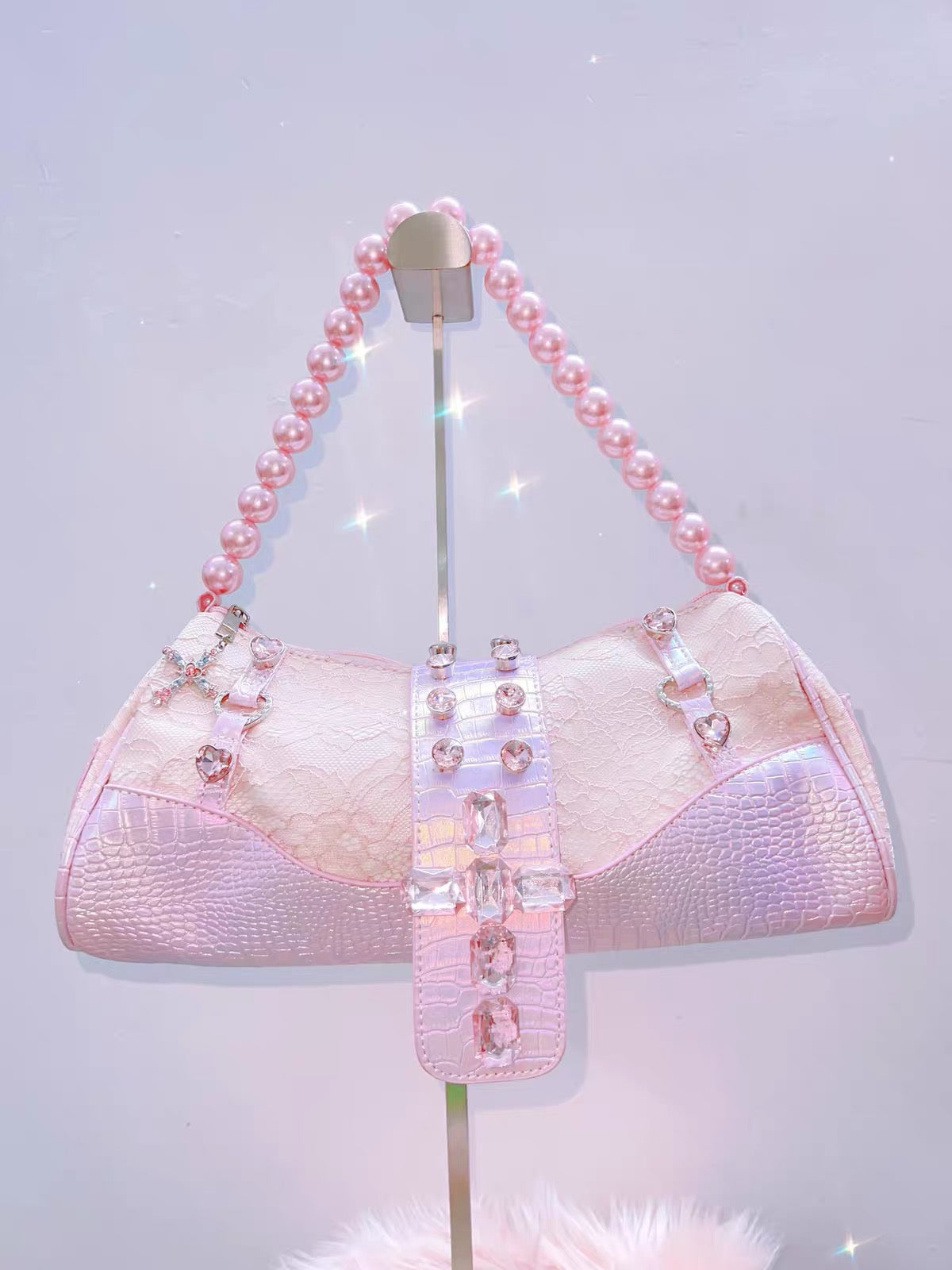 Pink pearl lace rhinestone shoulder bag styled front view