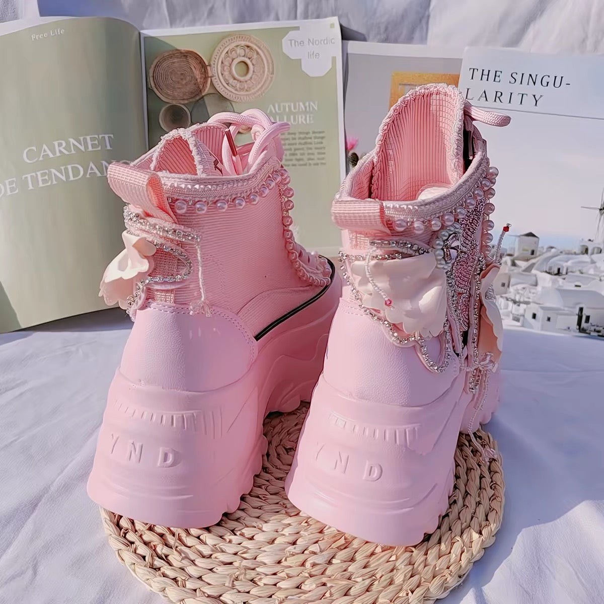 Pink pearl embellished platform sneakers back view