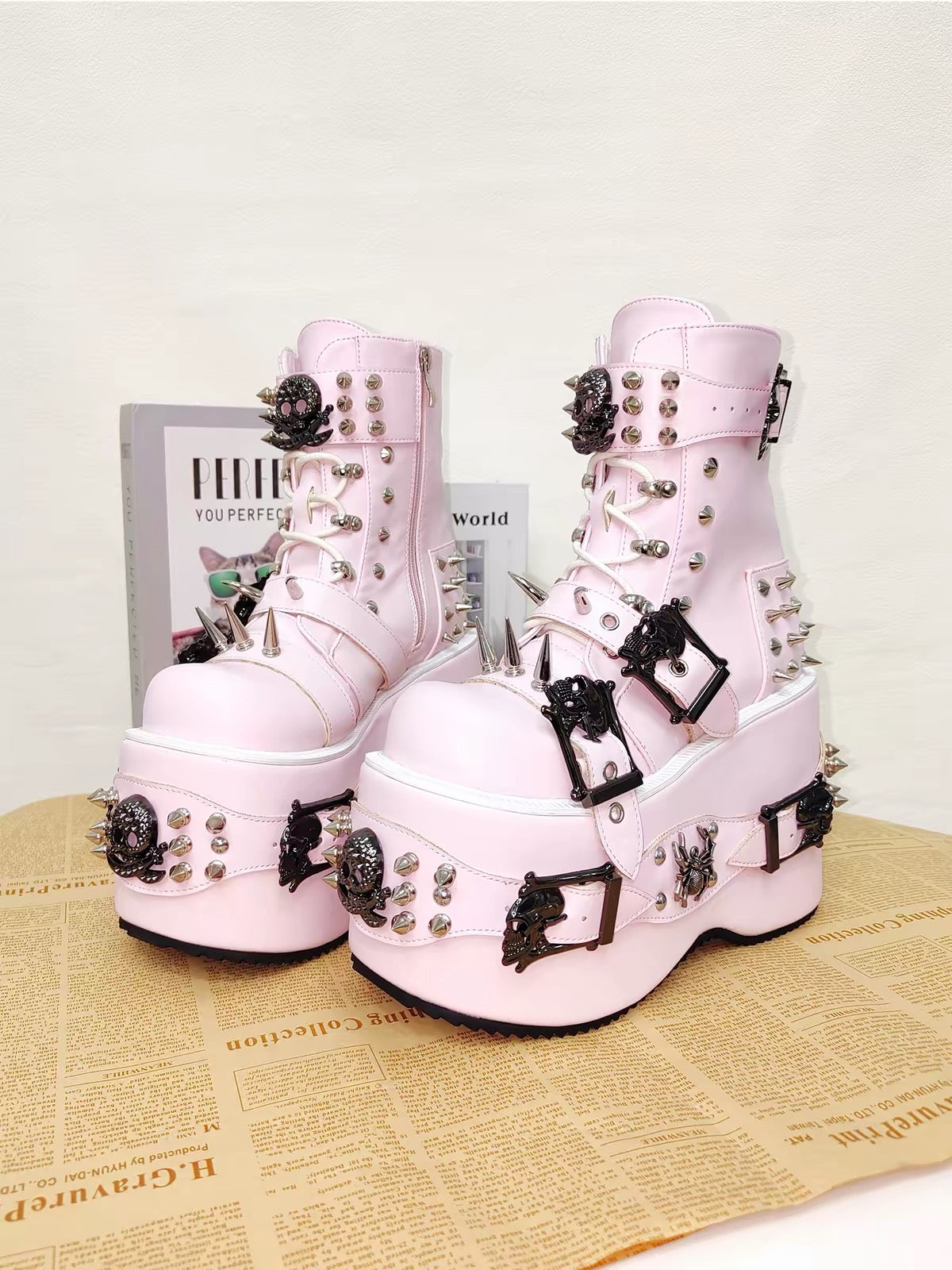Pink skull and spike platform boots