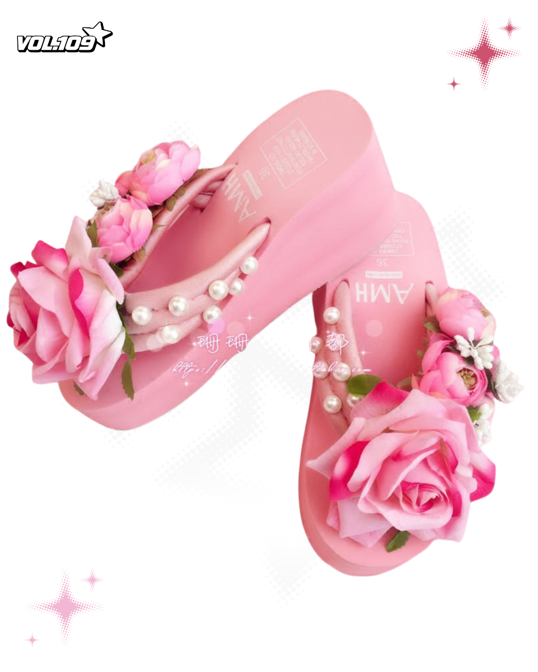 Pink rose platform sandals angled view with pearl details
