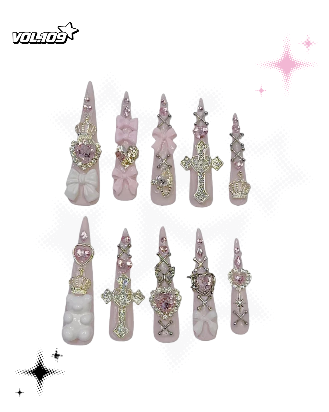 Pink jeweled press-on nail set with crowns, crosses, bows, hearts and rhinestones