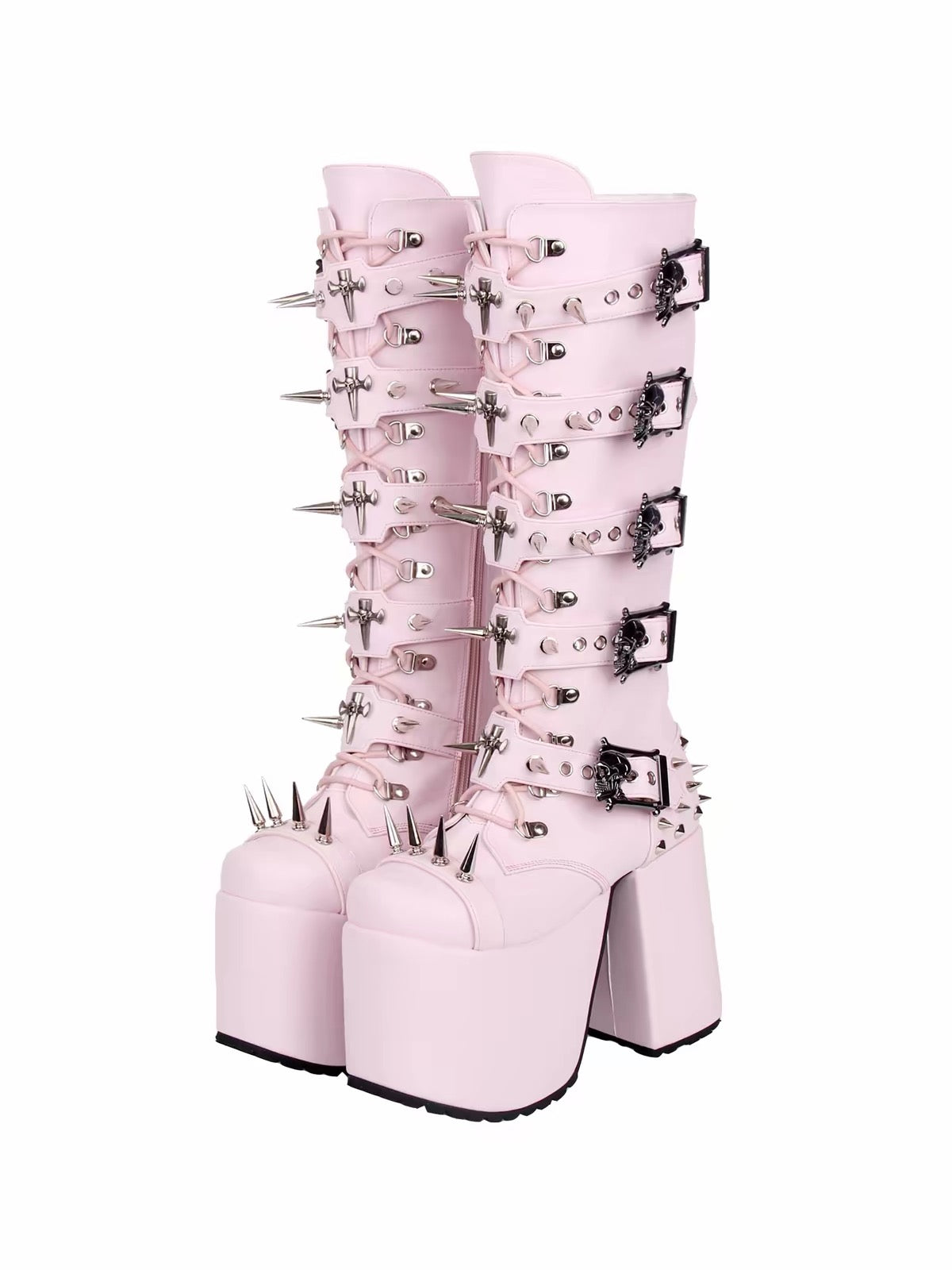 Pink knee-high platform boots with multiple buckle straps and spikes