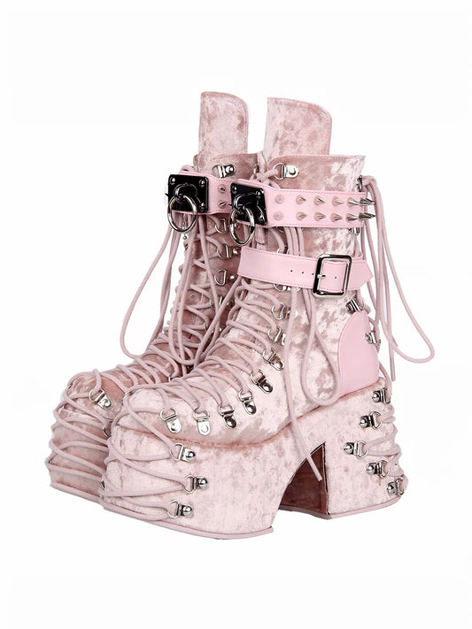 Pink velvet platform lace-up boots front view