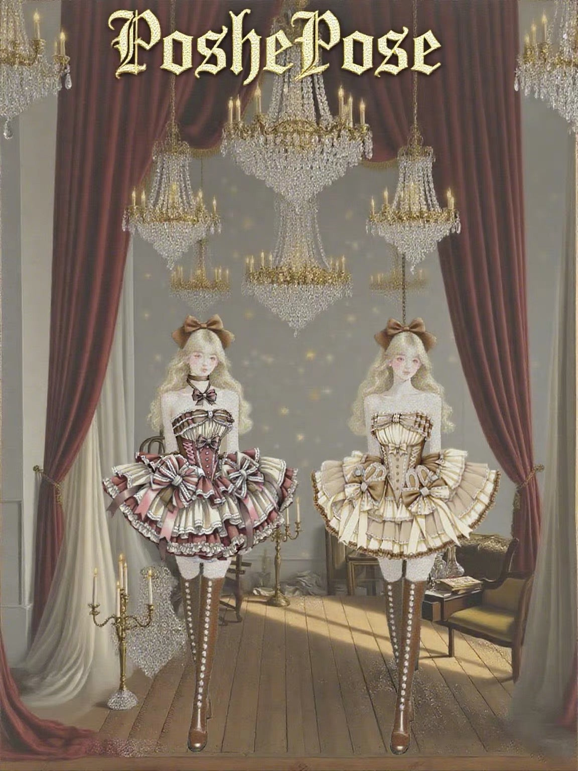 Two PoshePose Lolita dresses displayed in a ballroom setting, including the cream and brown colorway