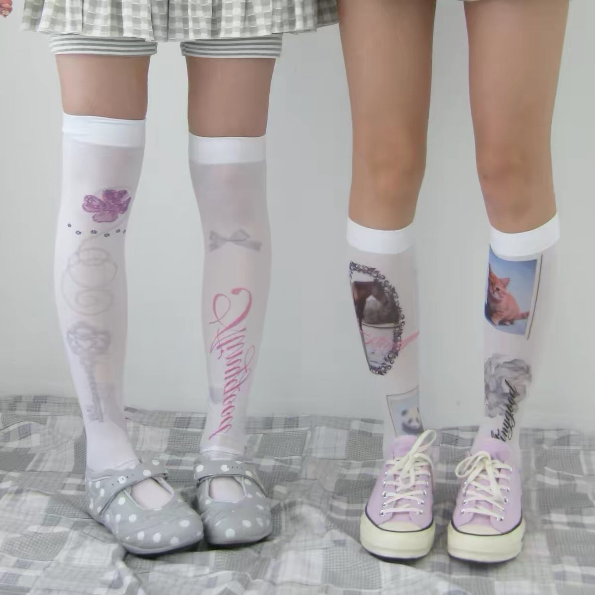 White printed knee-high socks styled on models
