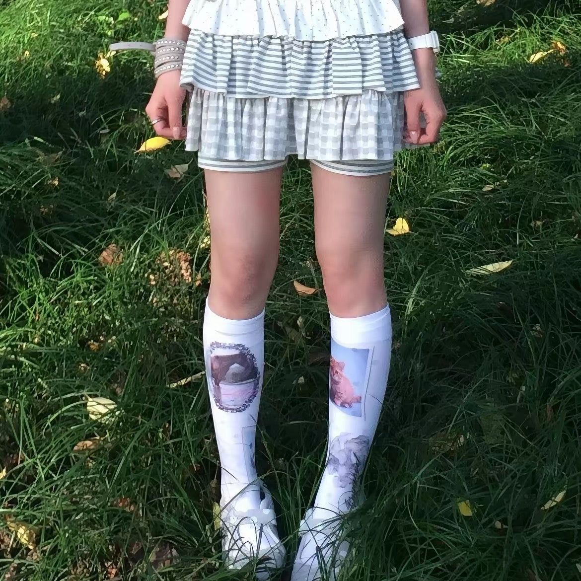 White printed knee-high socks outdoor styling