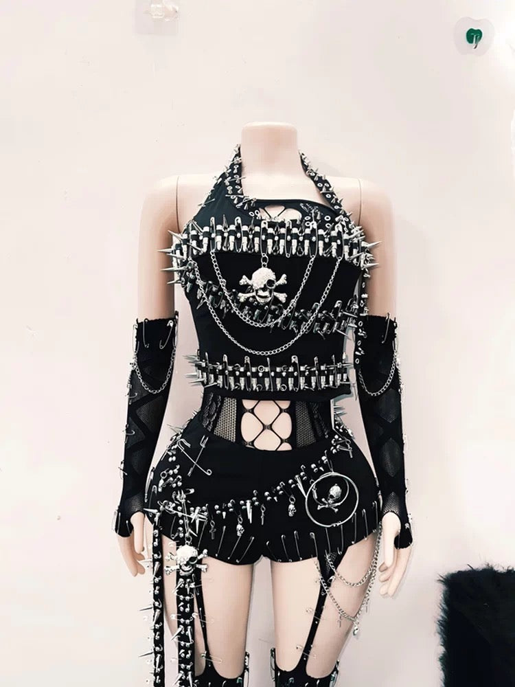 Black punk skull safety pin outfit full set