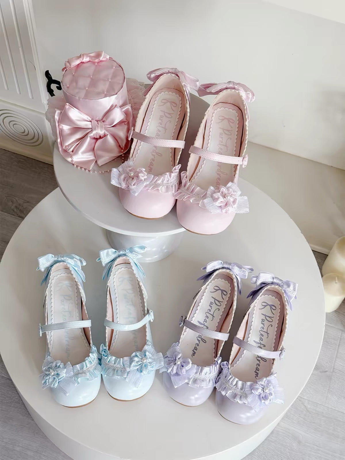 Pink, blue, and lavender low heel Lolita shoes