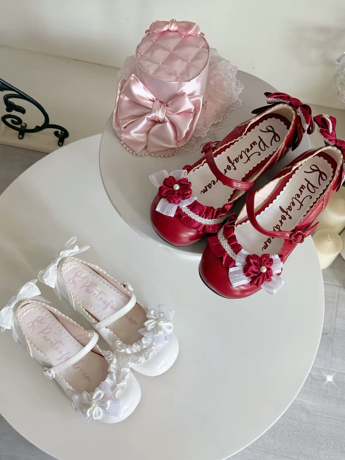 Red and white low heel Lolita shoes