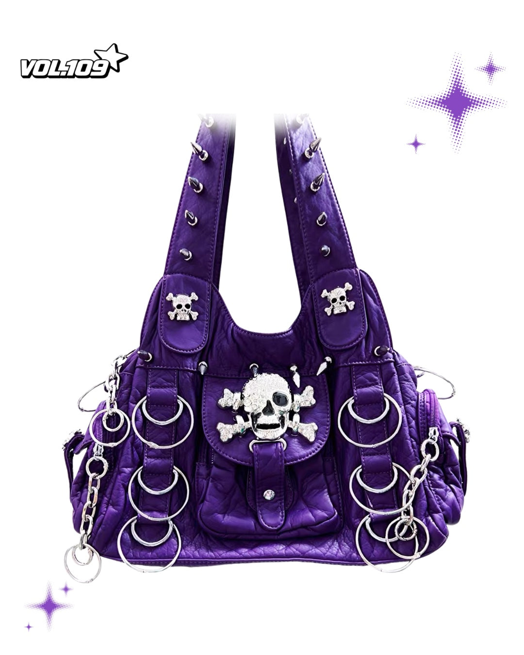 Purple shoulder bag with skull hardware, silver rings, chains and spike details