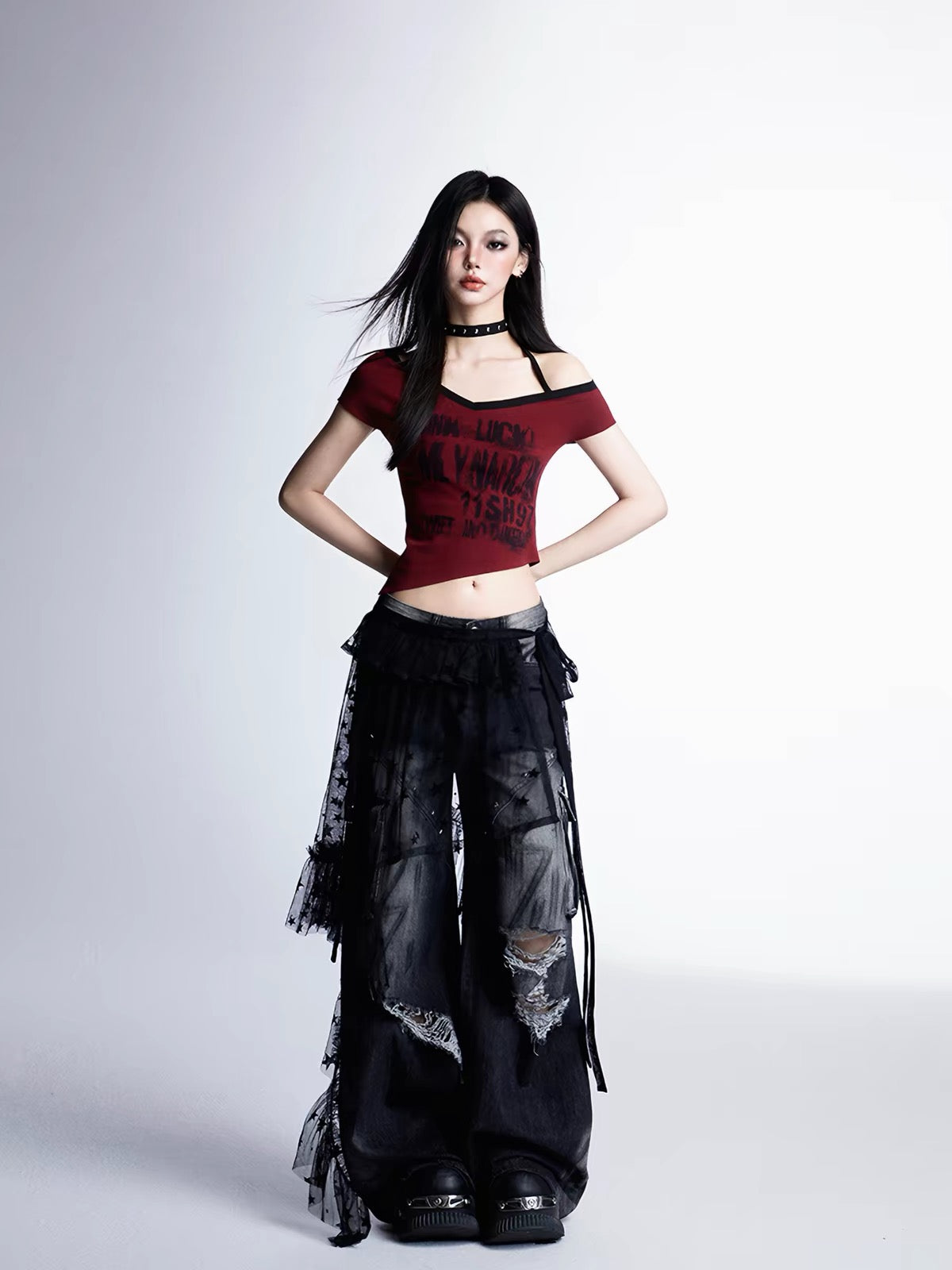 Red asymmetric graphic crop top