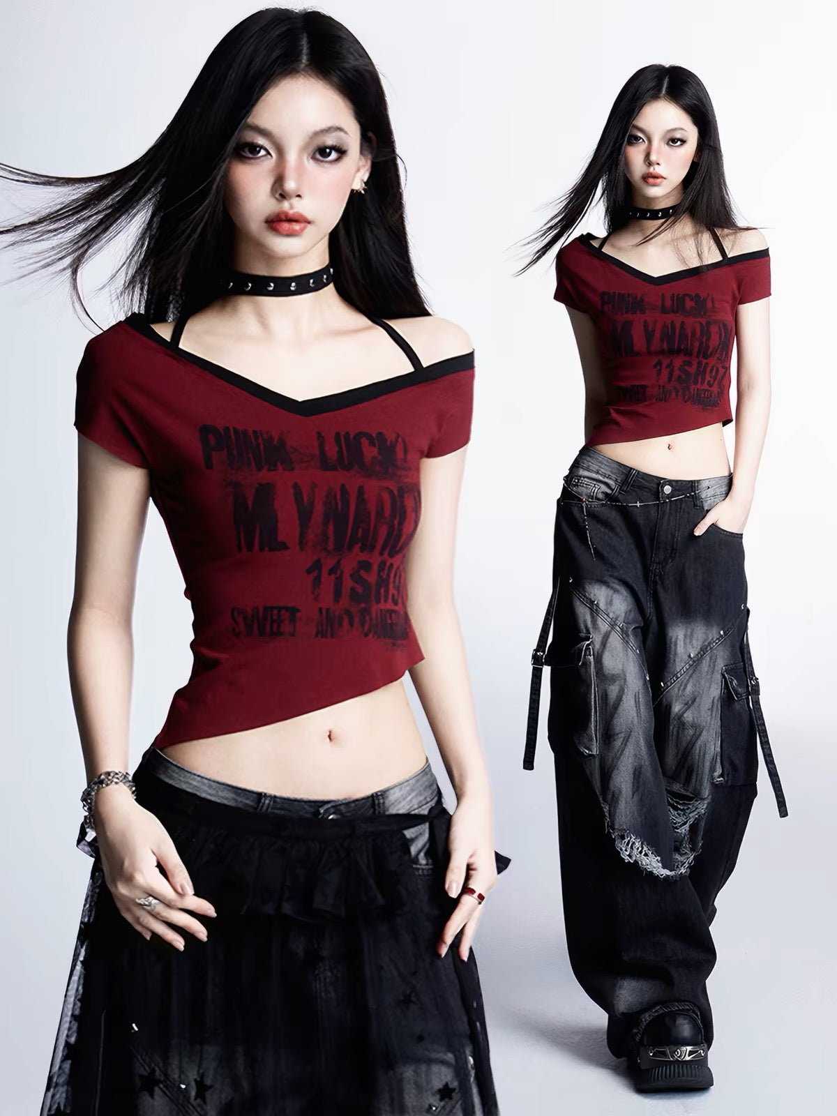 Red asymmetric graphic crop top