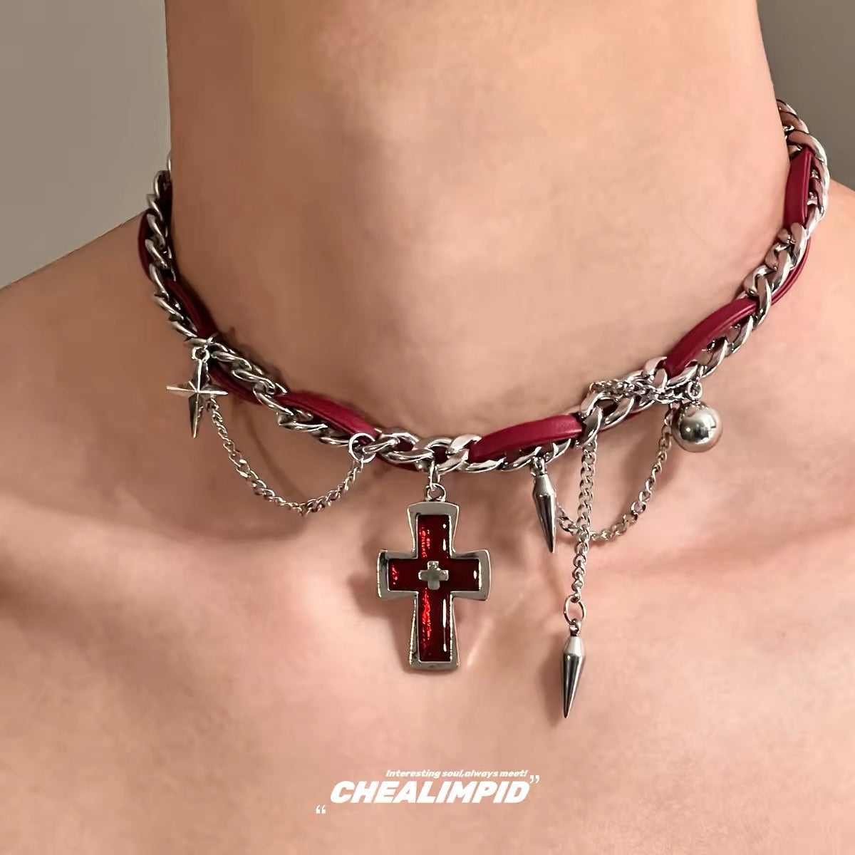 Red cross silver chain choker side view