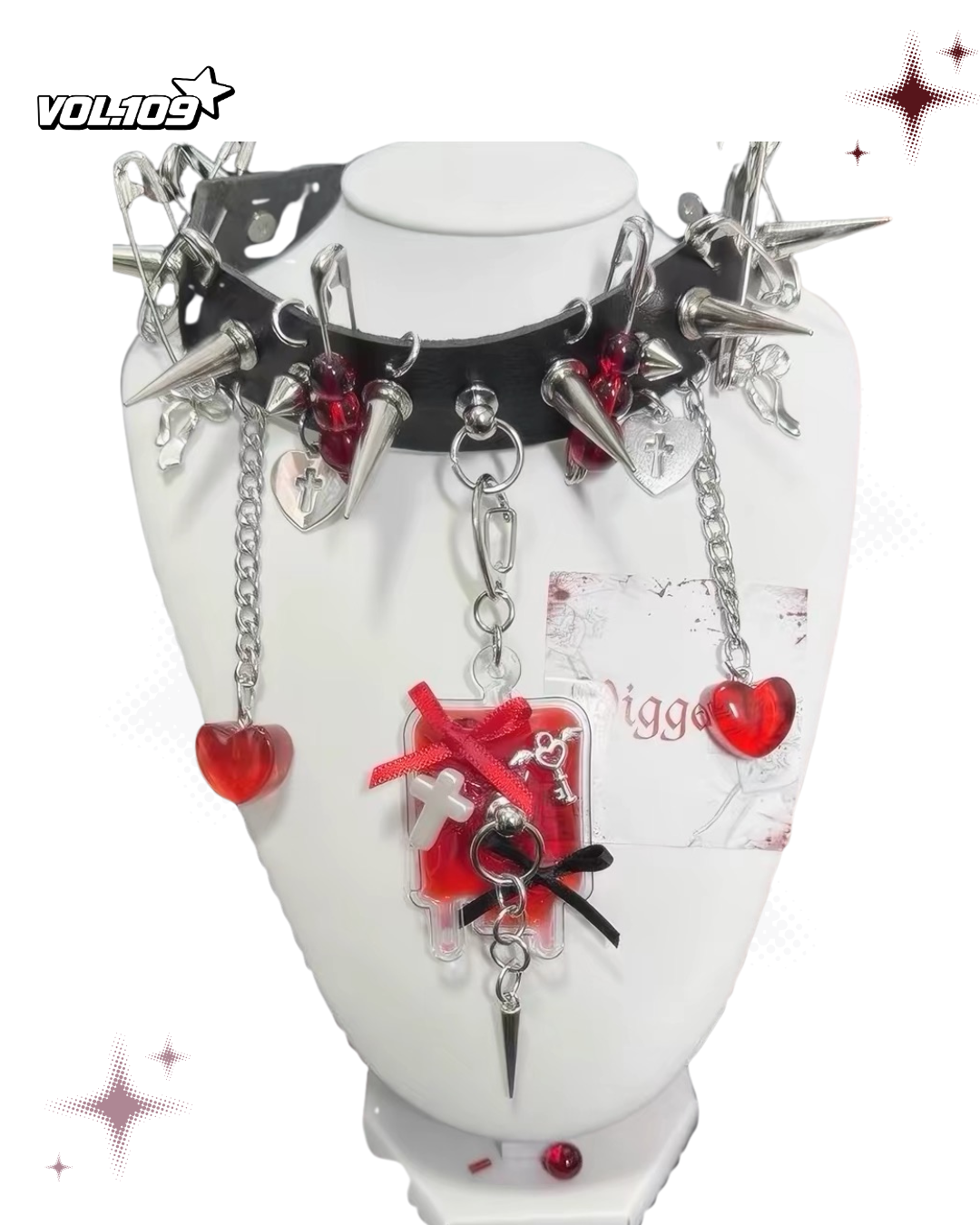 Black spike choker with red heart charms and silver hardware